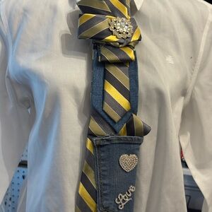 Striped Yellow and Gray Tie with Brooch